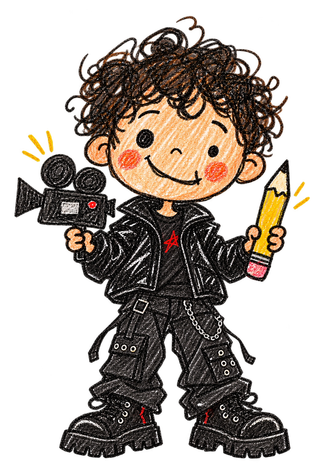 A crayon-drawn little filmmaker with curly hair, a camera, and a pencil